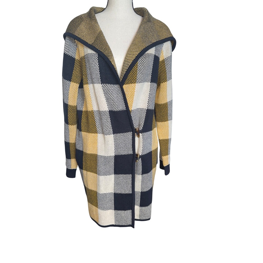 Cabi Sz S Hooded Cardigan Checked Longline Toggle Closure Knit Sweater Women